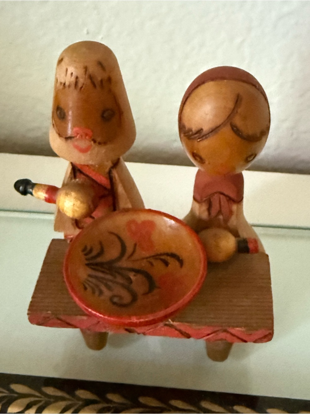 Handpainted Wooden Figurine Pair with Bowl - Tan & Red “ Dinner “